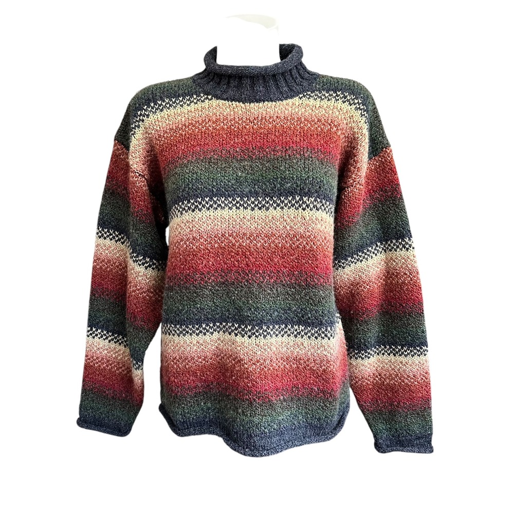 Striped Vintage Y2k Multicolor Chunky Wool Knit Mock Neck Sweater Large Unisex‎